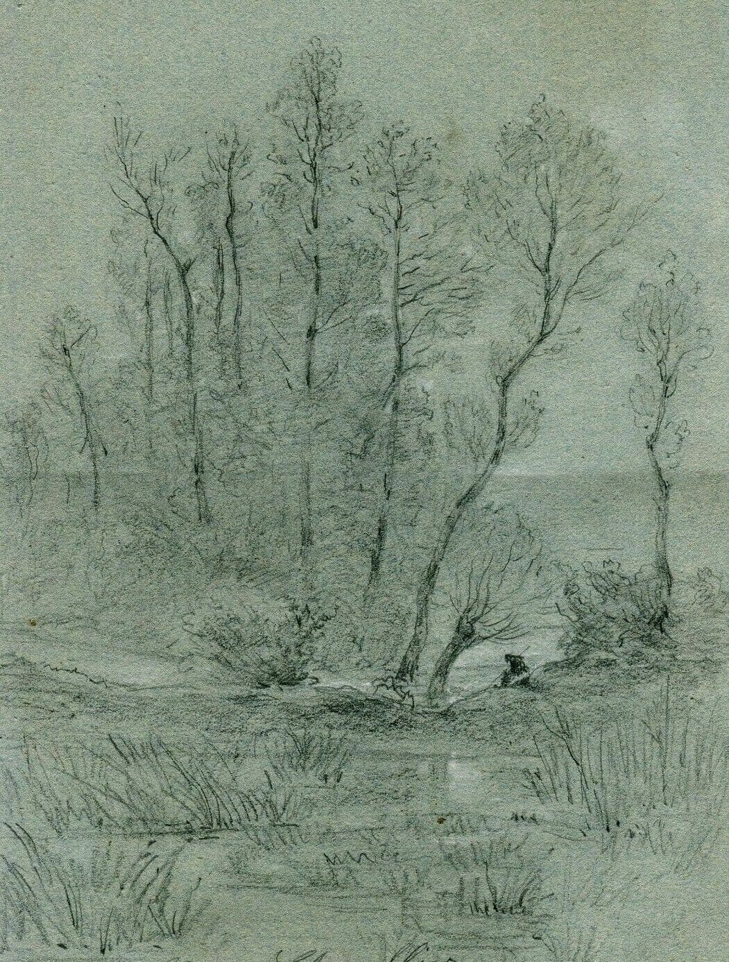 Antique Drawing Pencil signed Henri CHEVALLIER (1808-1893) Landscape, Trees 1863