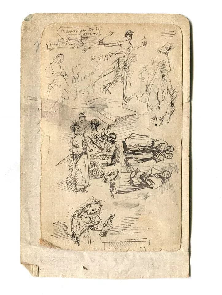 Antique Ink Drawing Original People, Multiples Sketches image 3