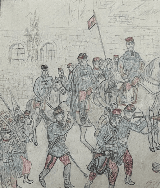 Antique Original Drawing Men, Military, People, War, Riffle image 2