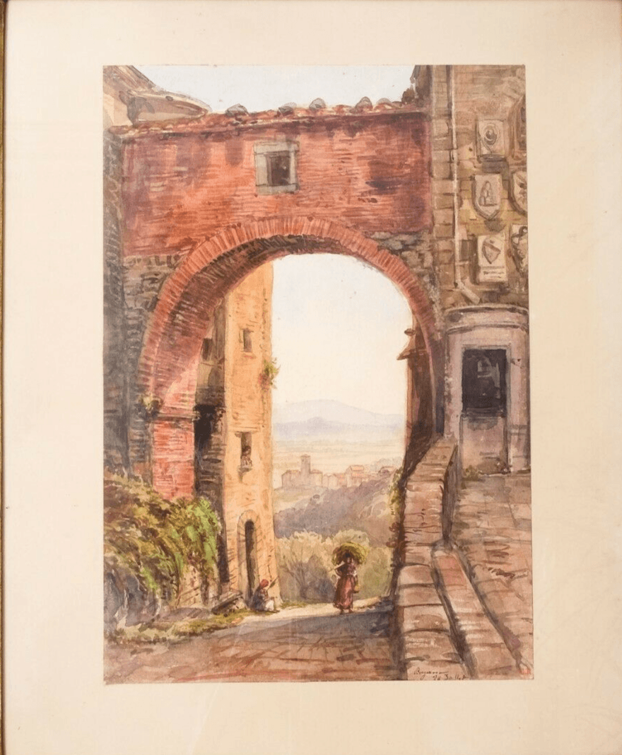 Drawing Signed Italy Cityview with People image 2
