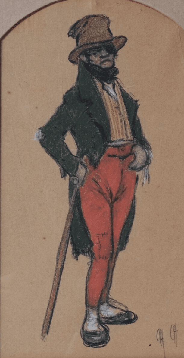 Antique Drawing Original 19th century Man Portrait Cane and Hat image 1