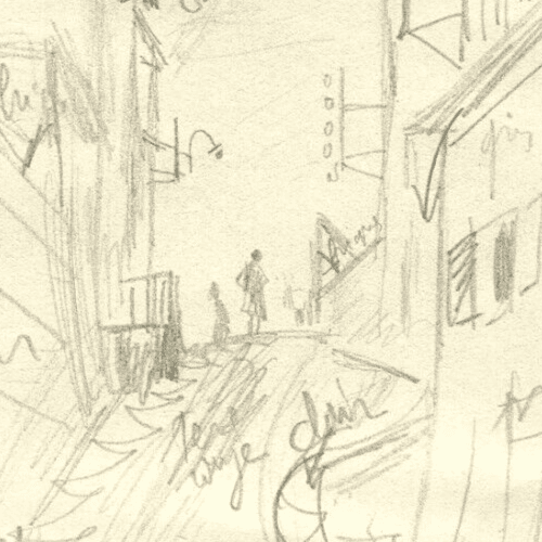 Vintage Pencil Original Drawing Cityview and Figures Sketch c. 1910 image 2