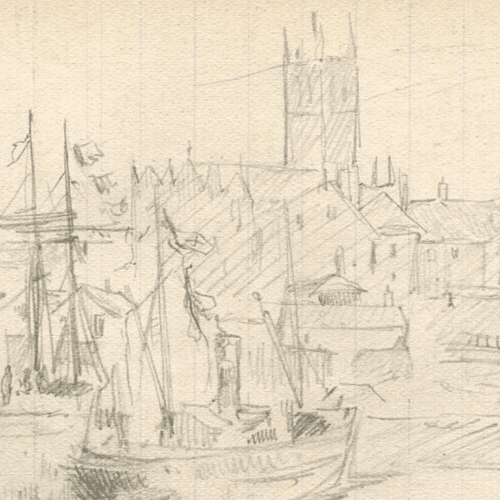 Vintage Original Pencil Drawing Port, Boat Landscape, Cityview Sketch image 6