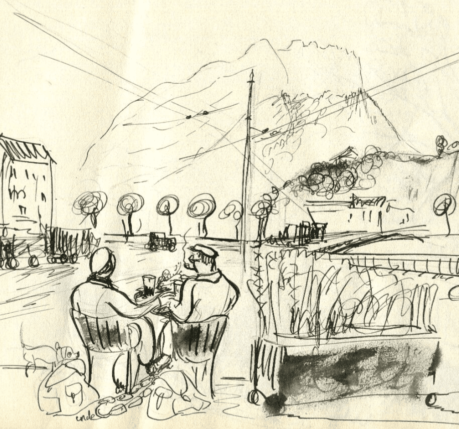 Vintage Ink Drawing Original Marine Men, Mountain Landscape signed