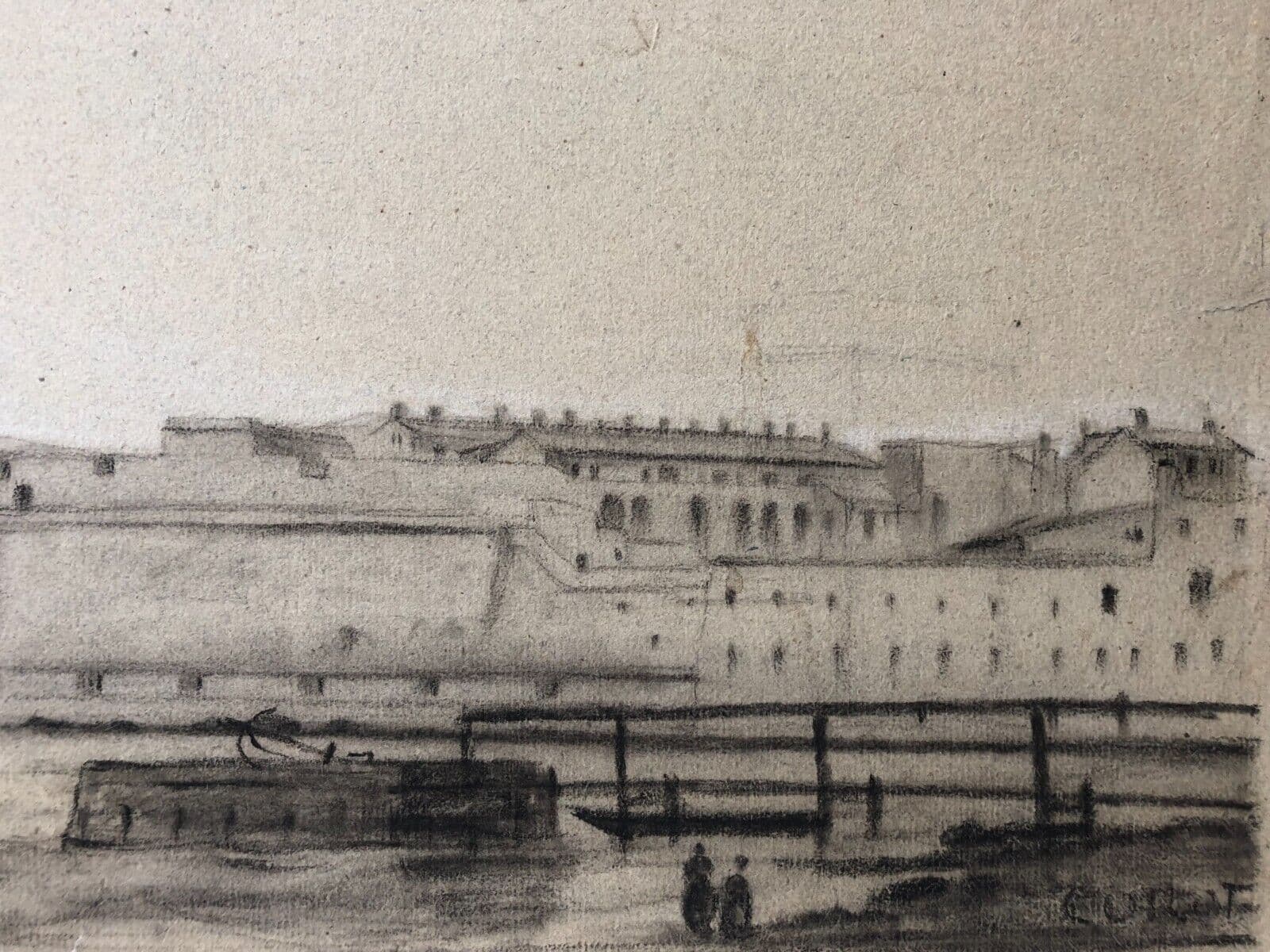 Antique Chacoral Drawing Original Maritime Port Landscape signed 19th century image 4