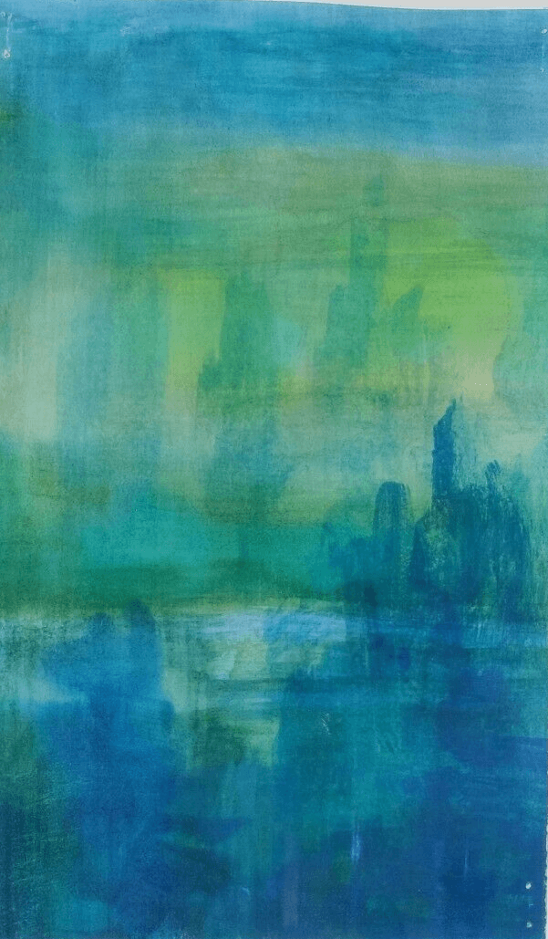 Modern Vintage Drawing Original Green and Blue Abstraction image 1