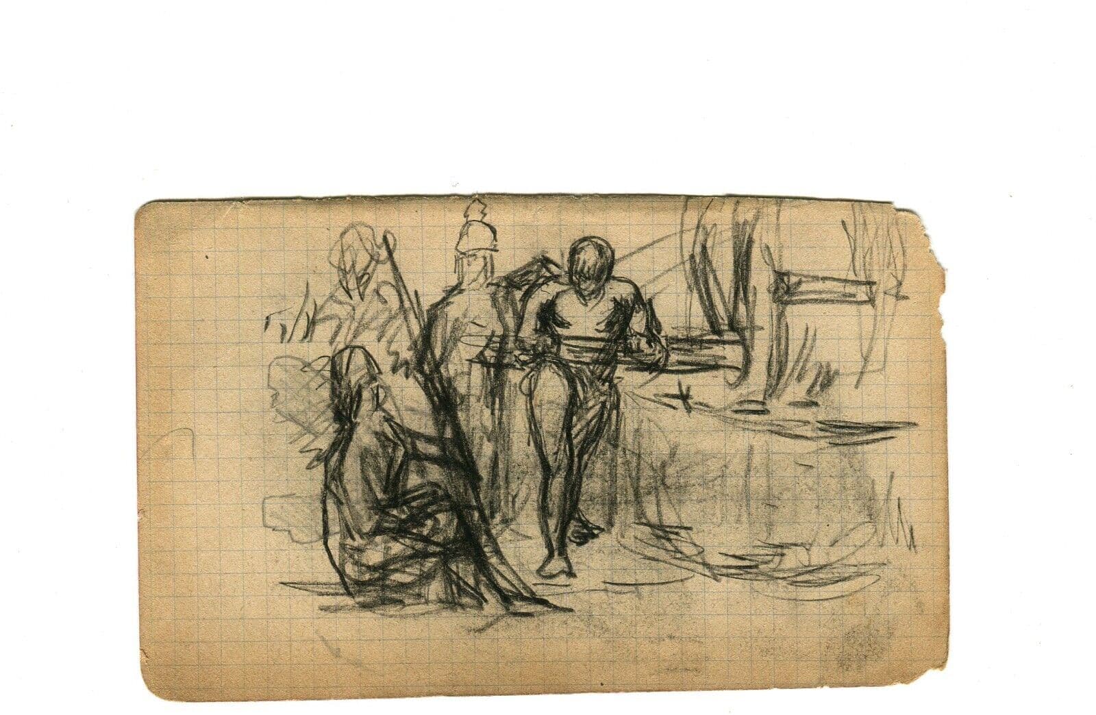 Vintage Original Pencil Drawing Sketches Figures, Race, Military Artwork image 6
