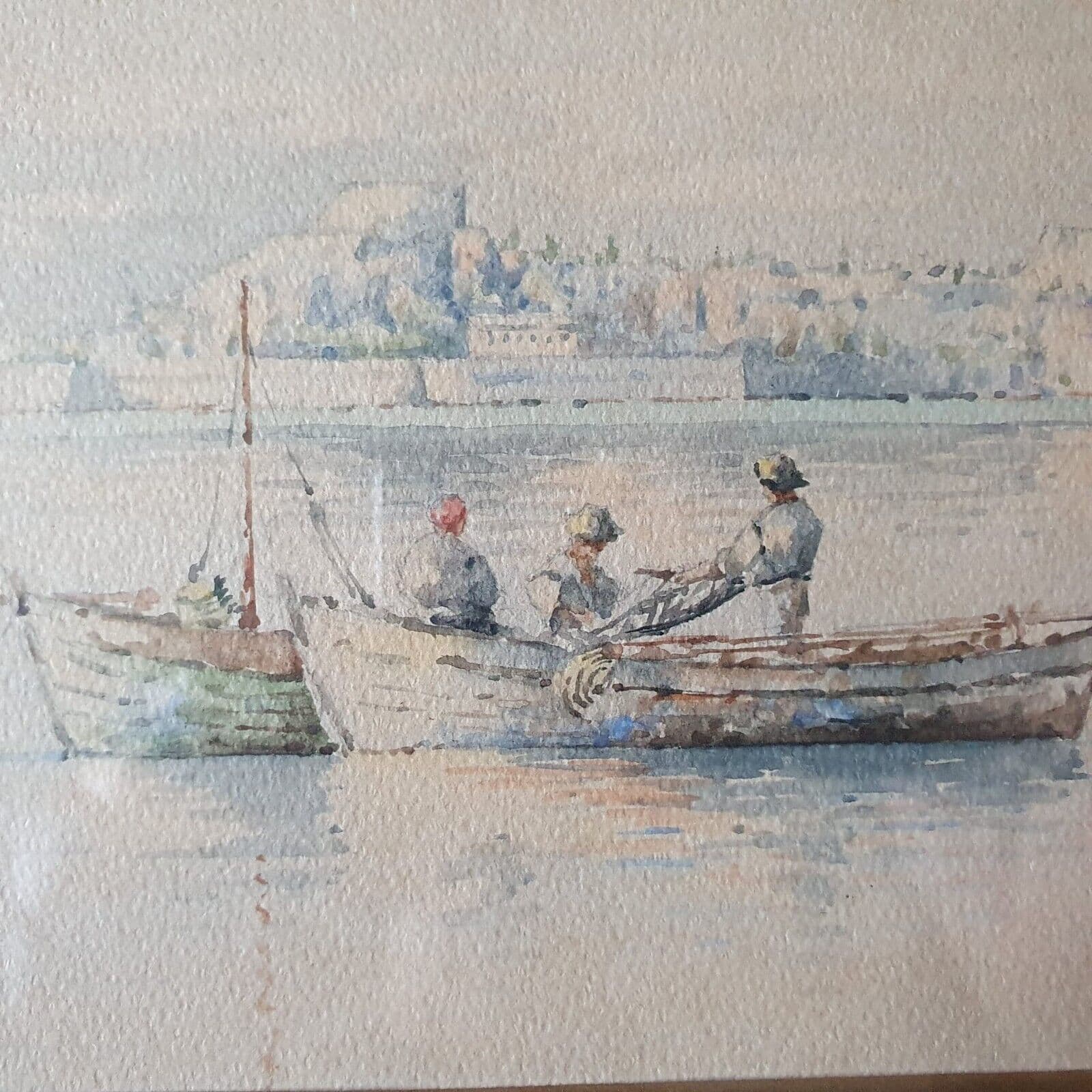 Antique Painting Original Landscape, Corfu, People, Cityview, Boat, Sea image 1
