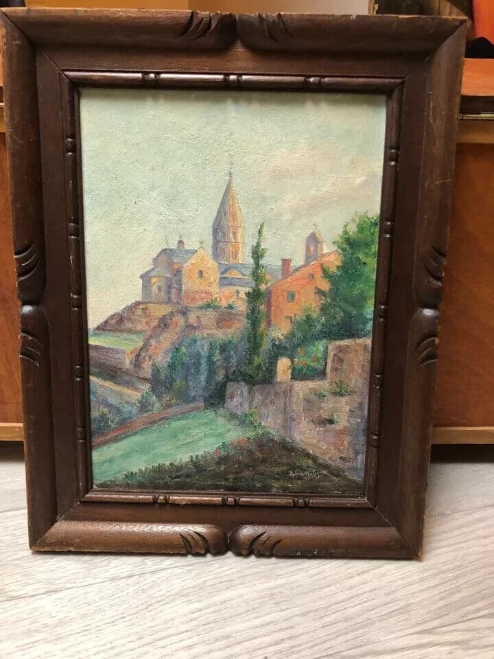 Antique Oil Original Painting City Town Landscape, Village image 2