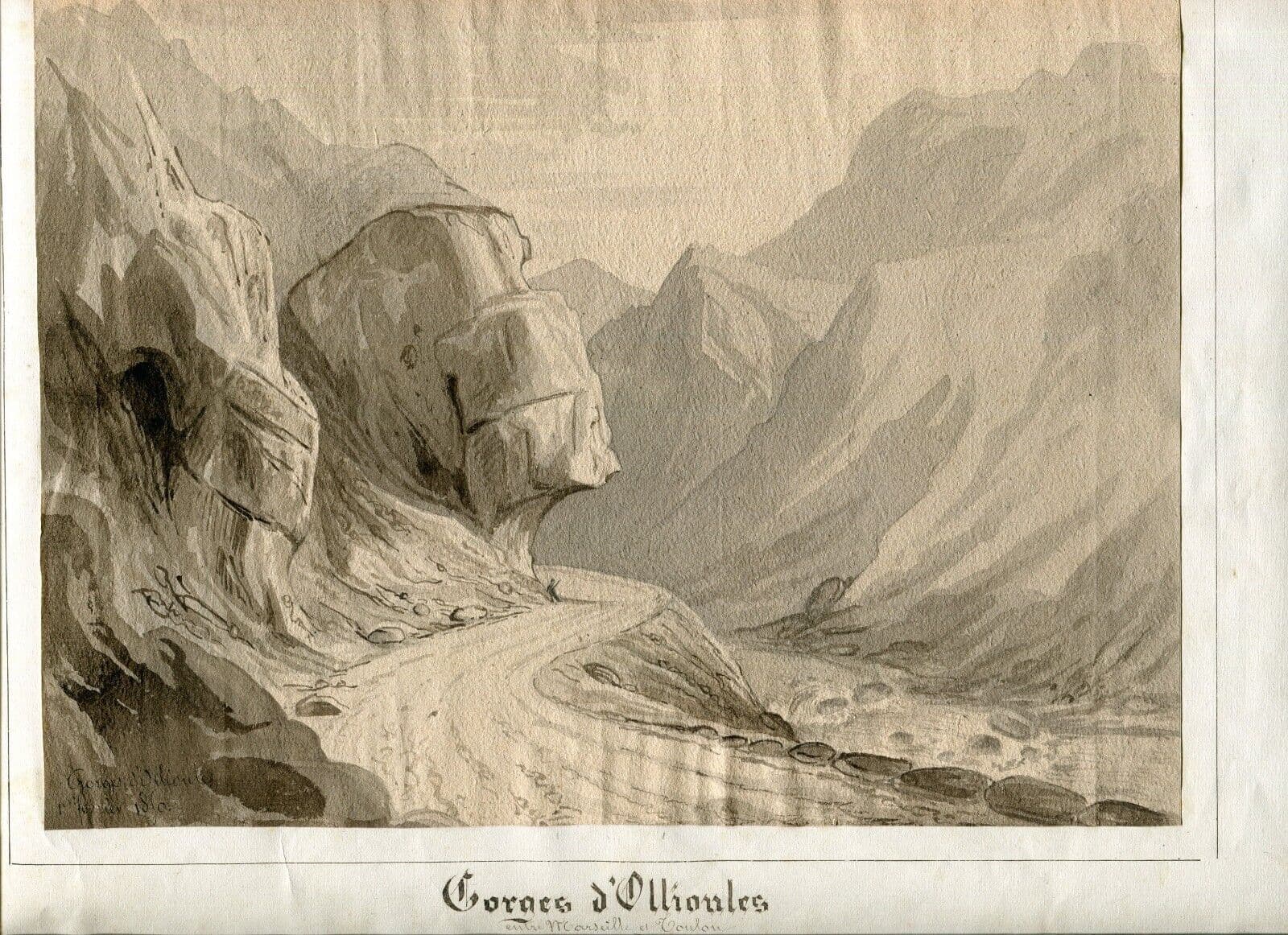 Antique Original Landscape Gorges Ollioules, Mountain, Marseille, Toulon 1850 image 6