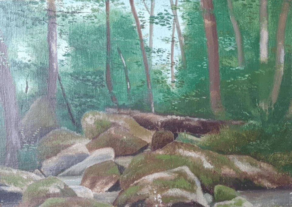 Antique Painting Original Landscape, Forest, Trees, Rocks signed