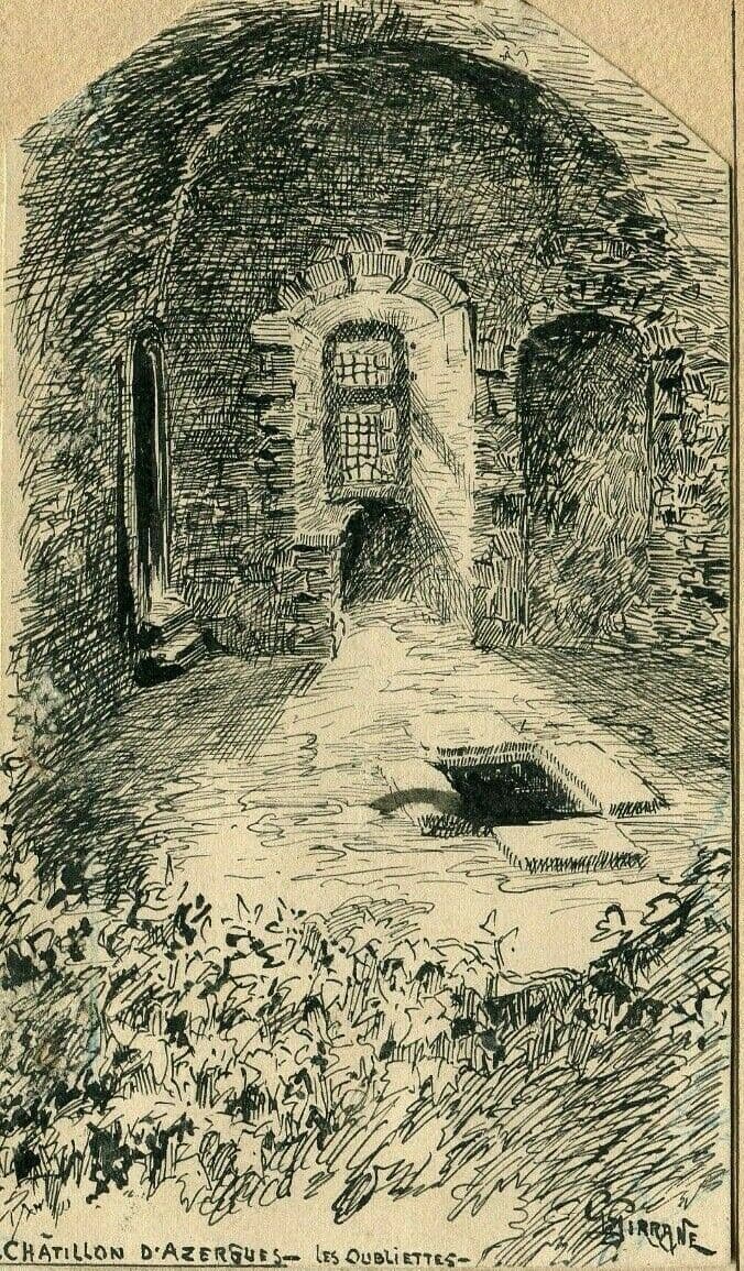 Vintage Ink Drawing signed Chatillon Azergues, les Oubliettes by GIRRANE