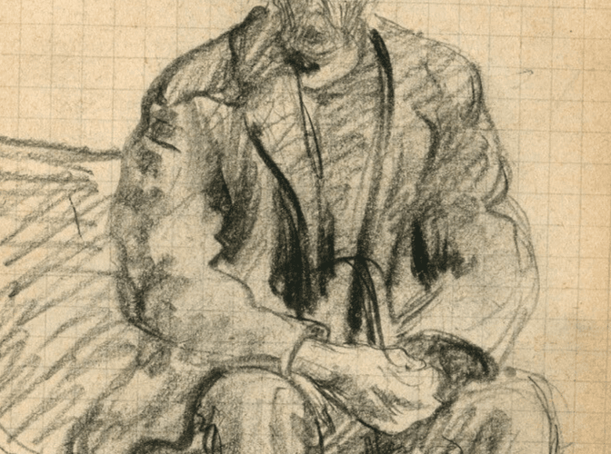Vintage Pencil Original Drawing of a Man with Hat sitting with a Cane image 3