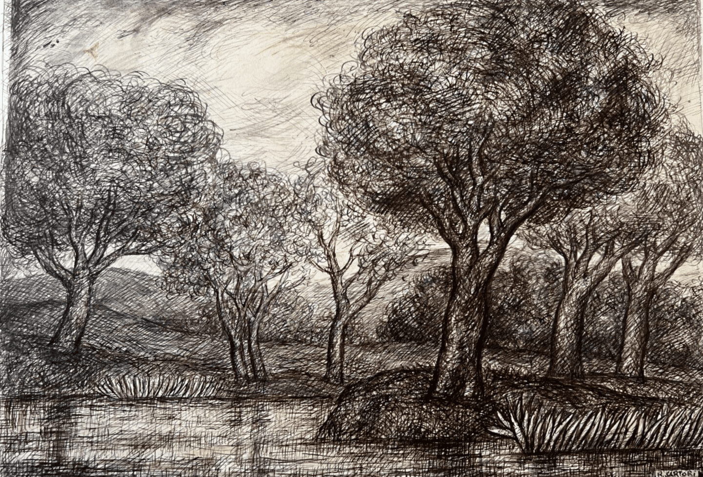Original Antique Ink Drawing Landscape with Trees Artwork