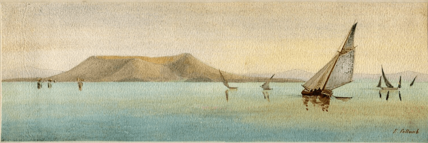 Antique Drawing Old Original Collomb Landscape Minte Nuovo, Hill of the Baya Cat