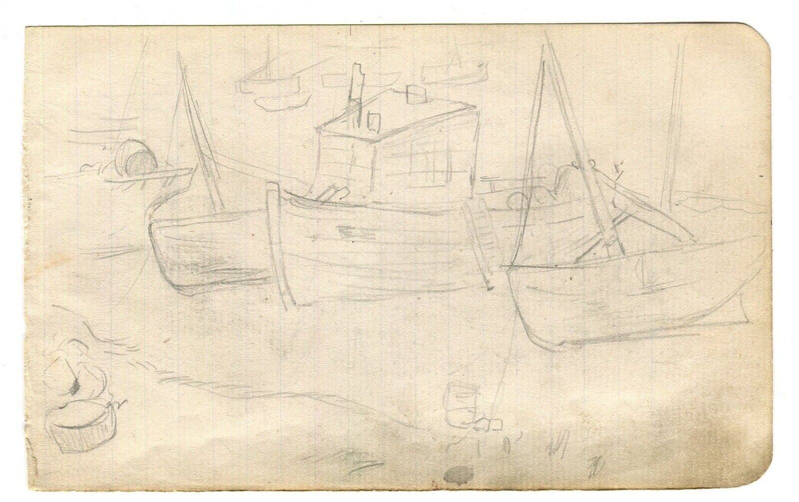 Antique Pencil Maritime Drawing Original, Boats, Port, Seascape image 6