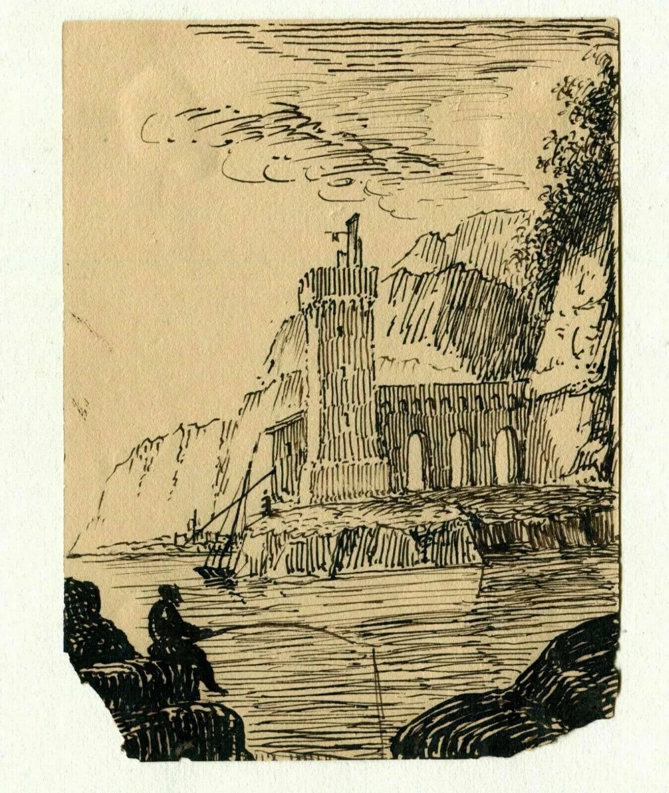Antique Ink Drawing 19th century of Castle Landscape with Fisherman image 2