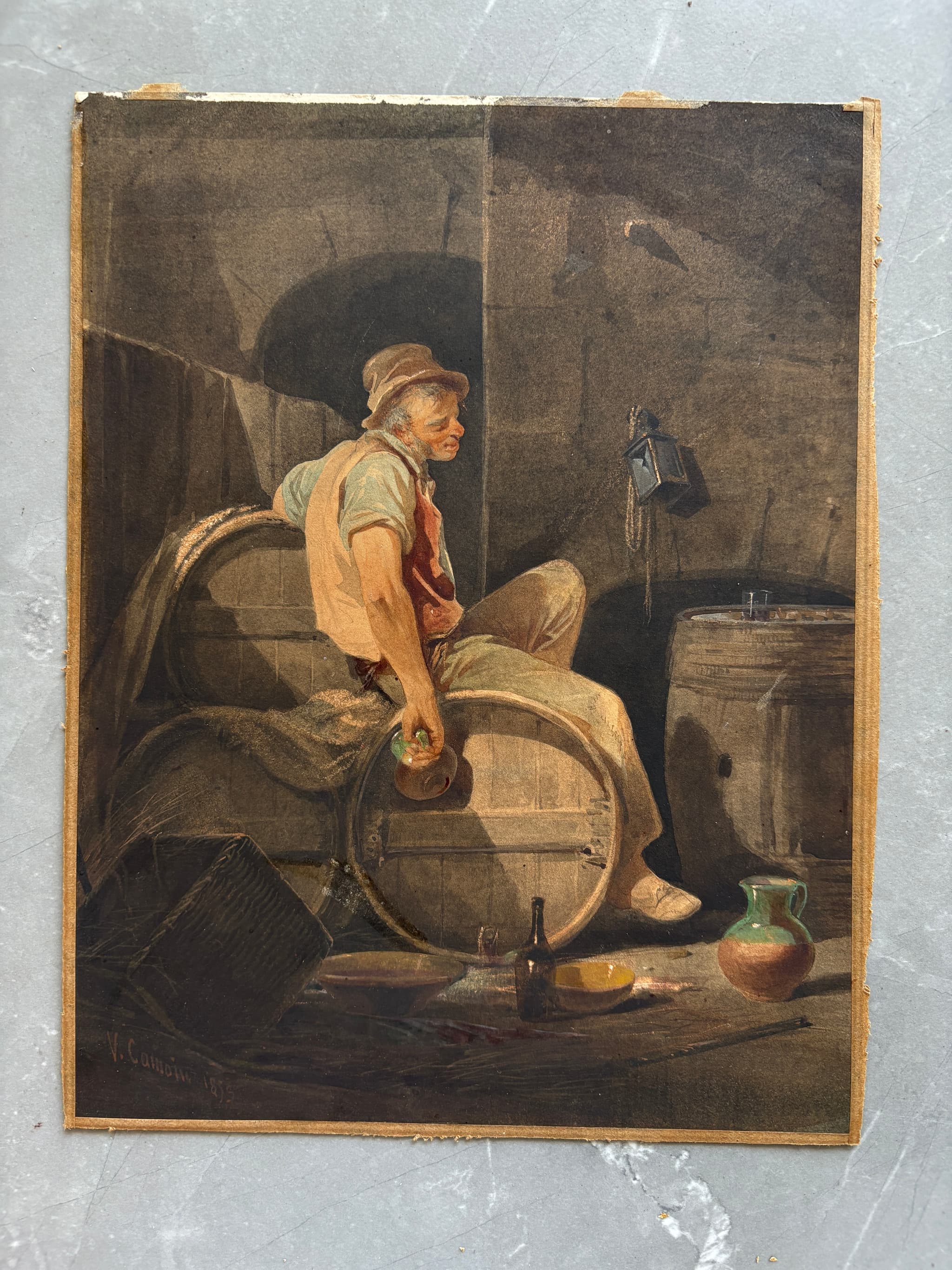 Antique Original Drawing signed Victor CAMOIN (1824-1856) Man Drinking image 1