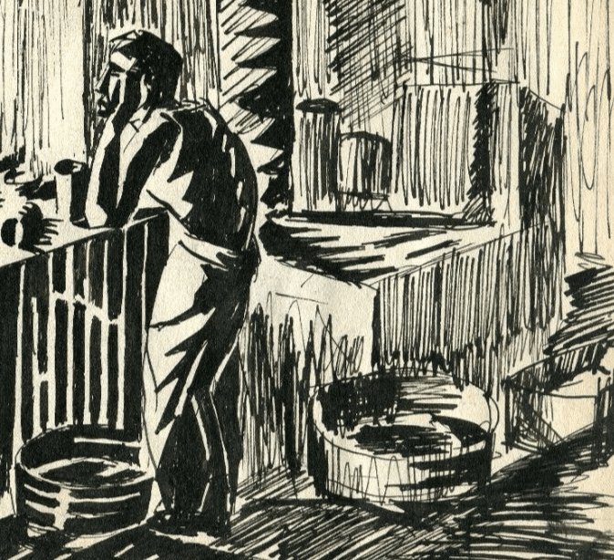 Vintage Ink Drawing Original Men Working and Drinking image 5