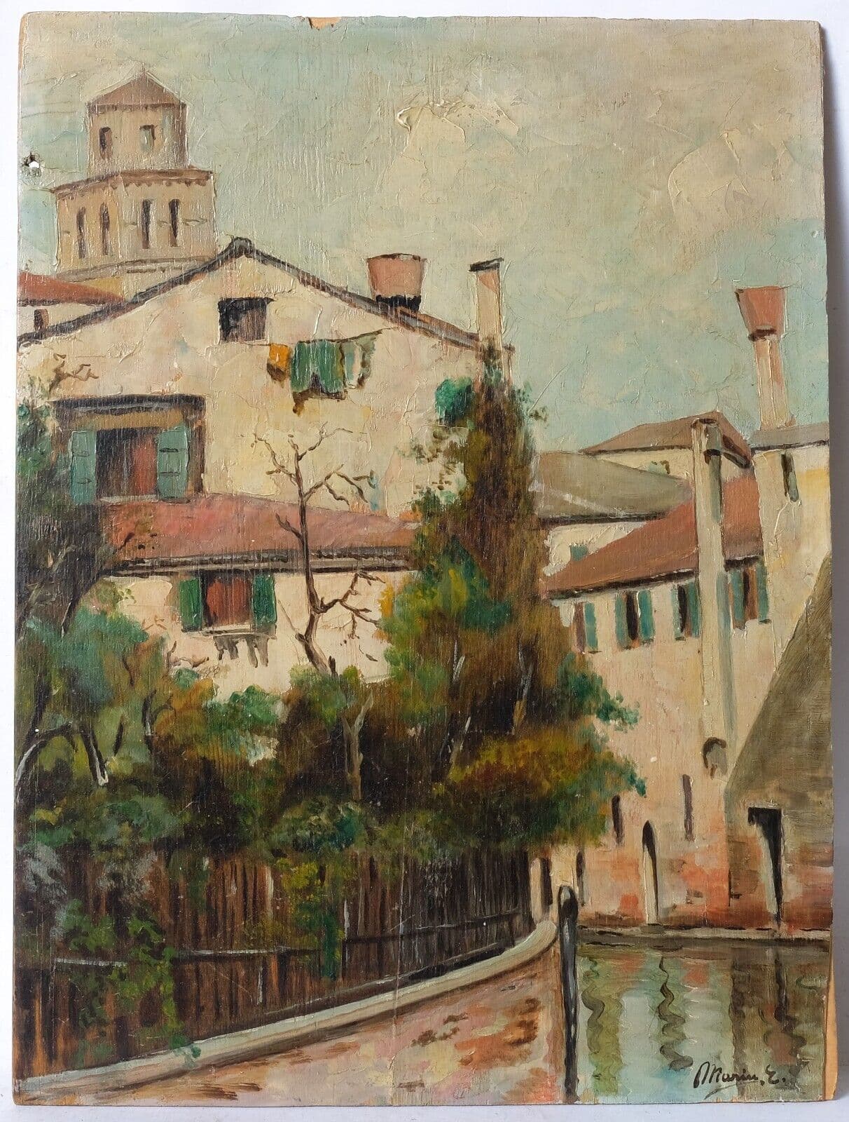 Antique Oil Painting Original Signed MARIN Landscape, Village, House, Canal image 5