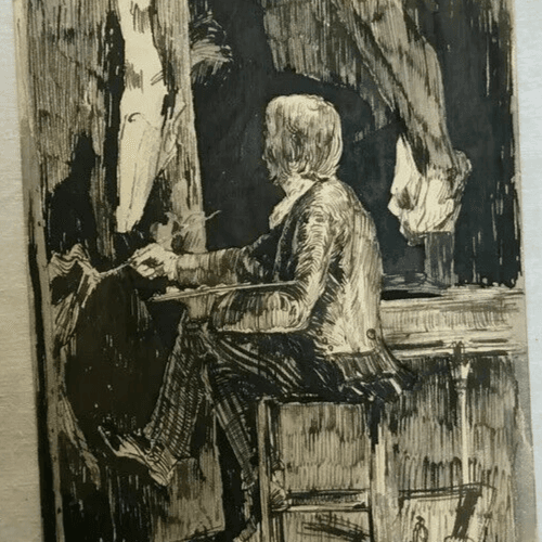Vintage Ink Drawing Original Painter, Artist in progress image 3
