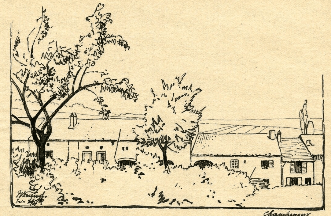 Vintage Ink Original Drawing signed Champenoux, Houses and Trees image 1