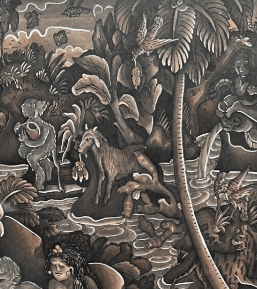 Vintage Oil Original Painting Indonesian Life, Landscape, People, Monkeys image 4