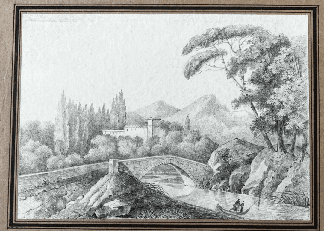 19th century Original Antique Pencil Drawing Landscape Village and Trees image 5
