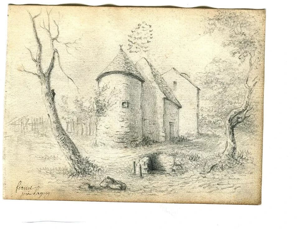 Antique Pencil Original Drawing 19th century Lagny Farm Landscape, Oise image 4