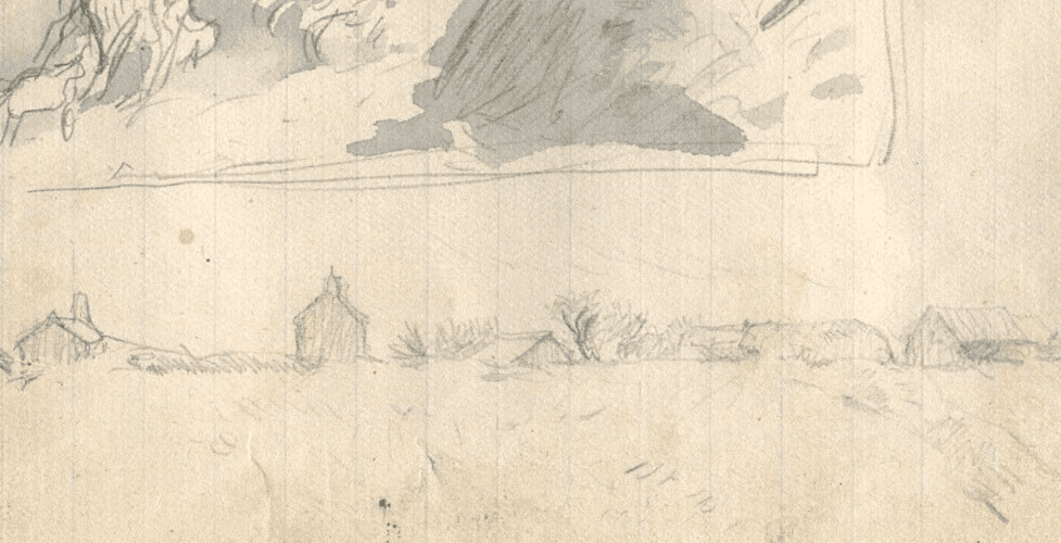 Vintage Pencil Ink Drawing Original Hay, House, Landscape, Cow, Horse Figure image 4