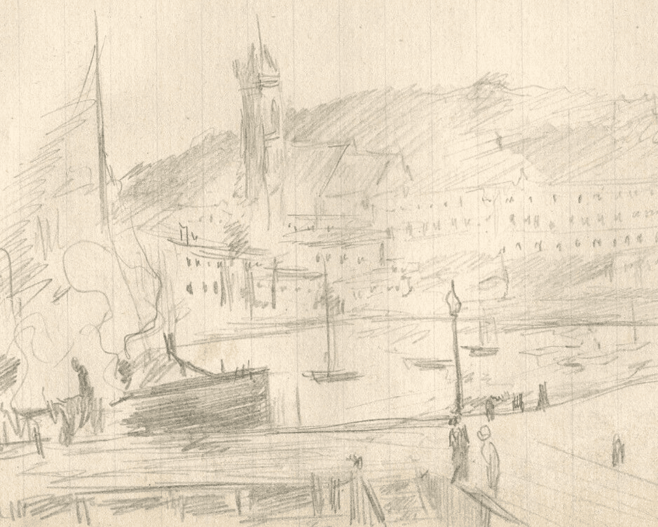 Vintage Pencil Original Drawing Landscape of Torquay, Docks, Boats image 1