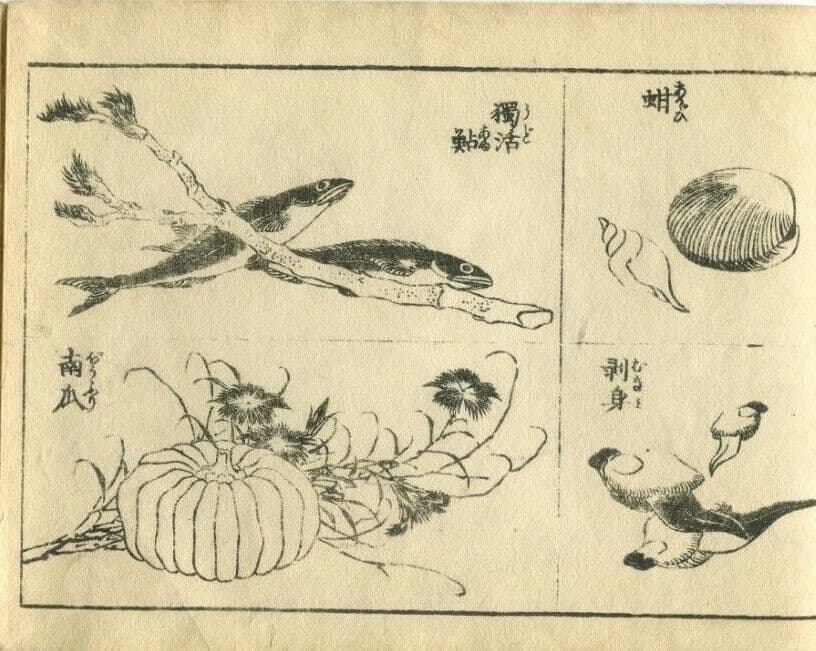 Antique Japanese Woodblock Kanji Japan Writing Bird, Fish 1890 Asian Art Ukiyo