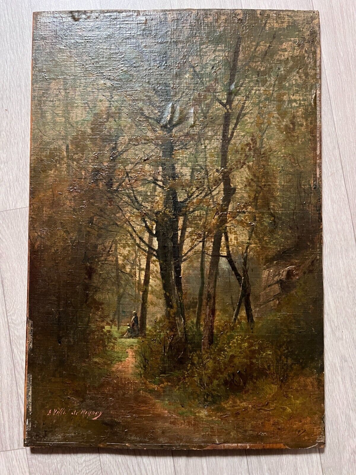 Antique Original Painting Landscape, Trees, Forest, People 19th century image 7