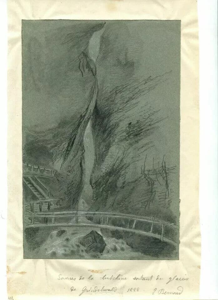 Antique Chacoral Drawing Landscape with Waterfall Sources from Grindlwald 1888 image 6