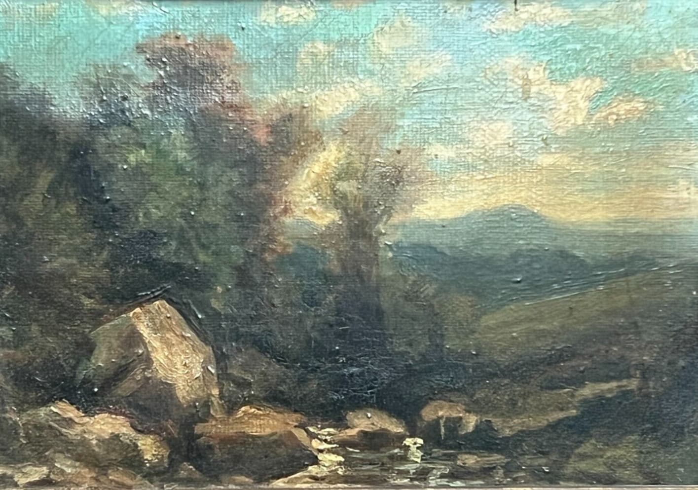 Antique Painting Original Landscape, River , Forest, Trees 19th century Framed image 1