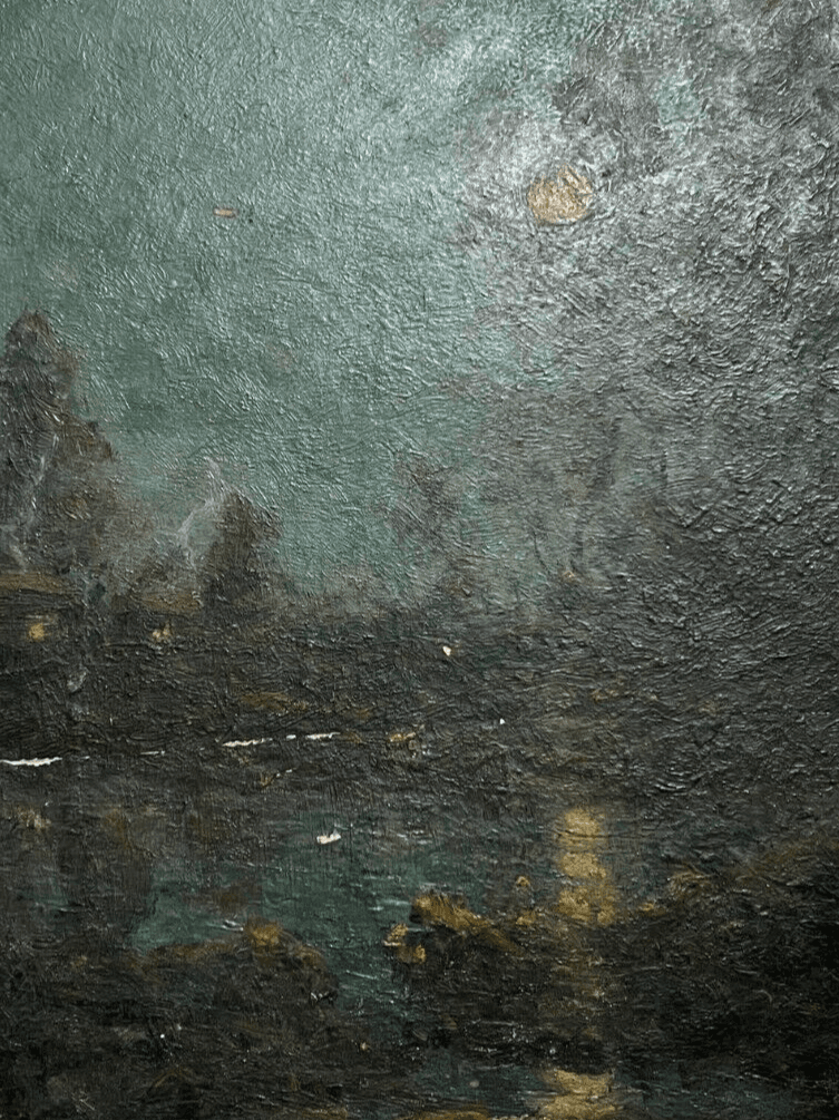 Antique Oil Painting Original Landscape, River, Trees, Forest, Moon, Night image 1