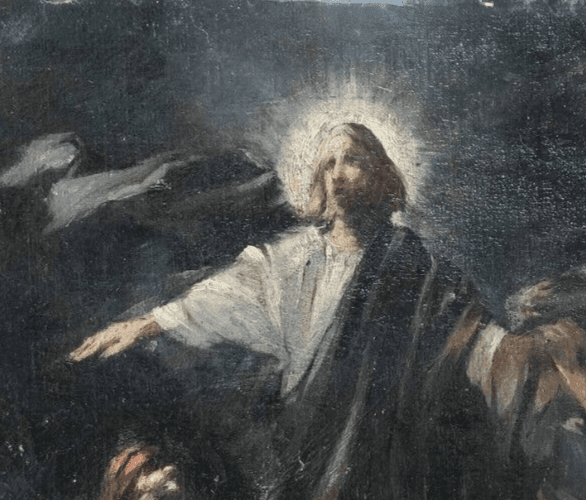 Antique Painting Original Christ, Miracle, Fish, Tiberiad, Sea, People 1888 image 2