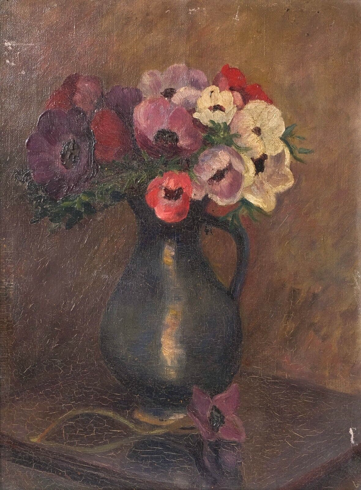 Antique Oil Painting Original Flowers Bouquet, Vase, Still Life Artwork Floral