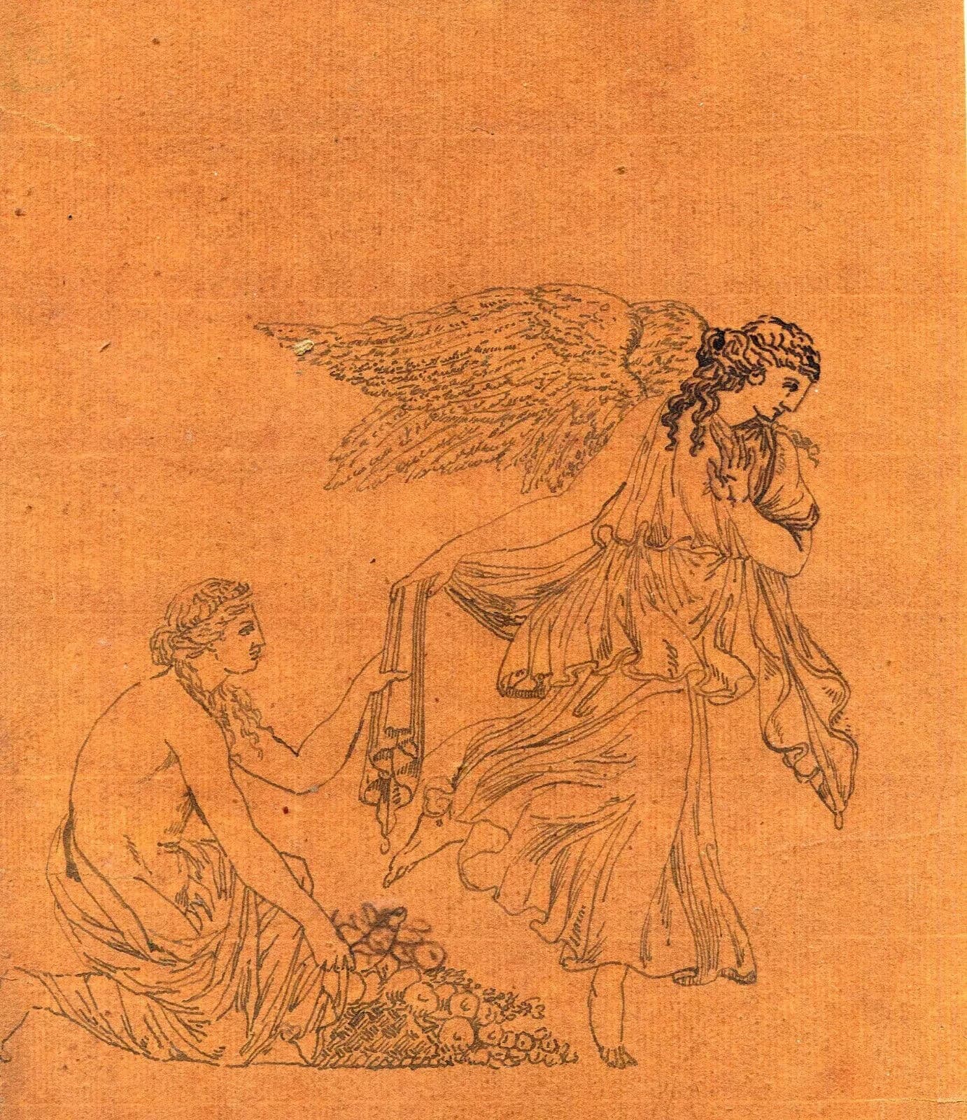 Antique Ink Drawing 19th Religious Scene Antiquity, Mythology, Angel, Greece image 5