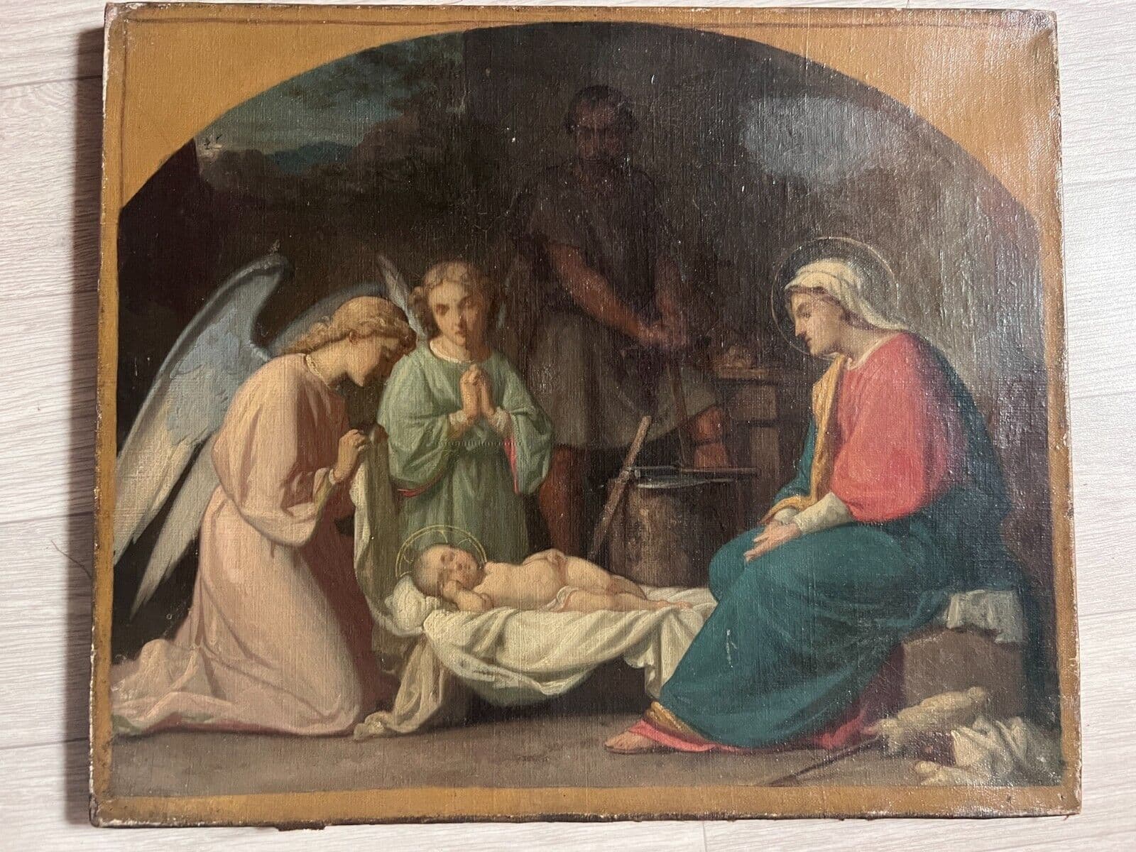 Antique Painting Original 19th century Religious Christ, Mary, Apostles Nativity image 6
