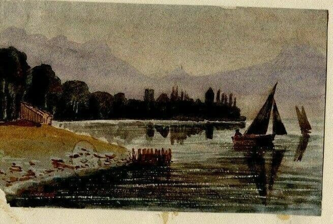 Collomb Vevey Lake Landscape, Boat Drawing image 1