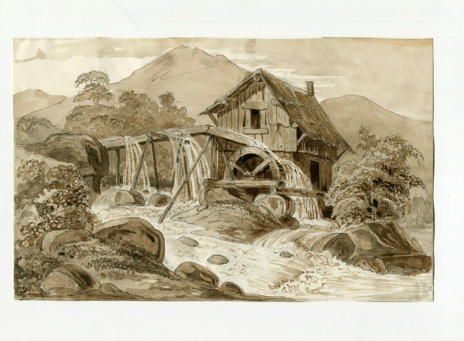 Drawing 19th century Landscape, Mountain, Water Mill image 2