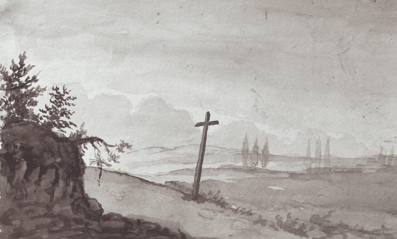 Antique Original Drawing, Landscape, Cross, Trees, Forest 19th century image 1