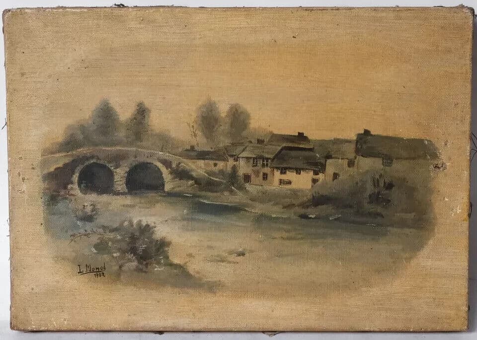 Antique Oil Painting Signed MONOD (1867-1957) Landscape, Bridge, Village image 2
