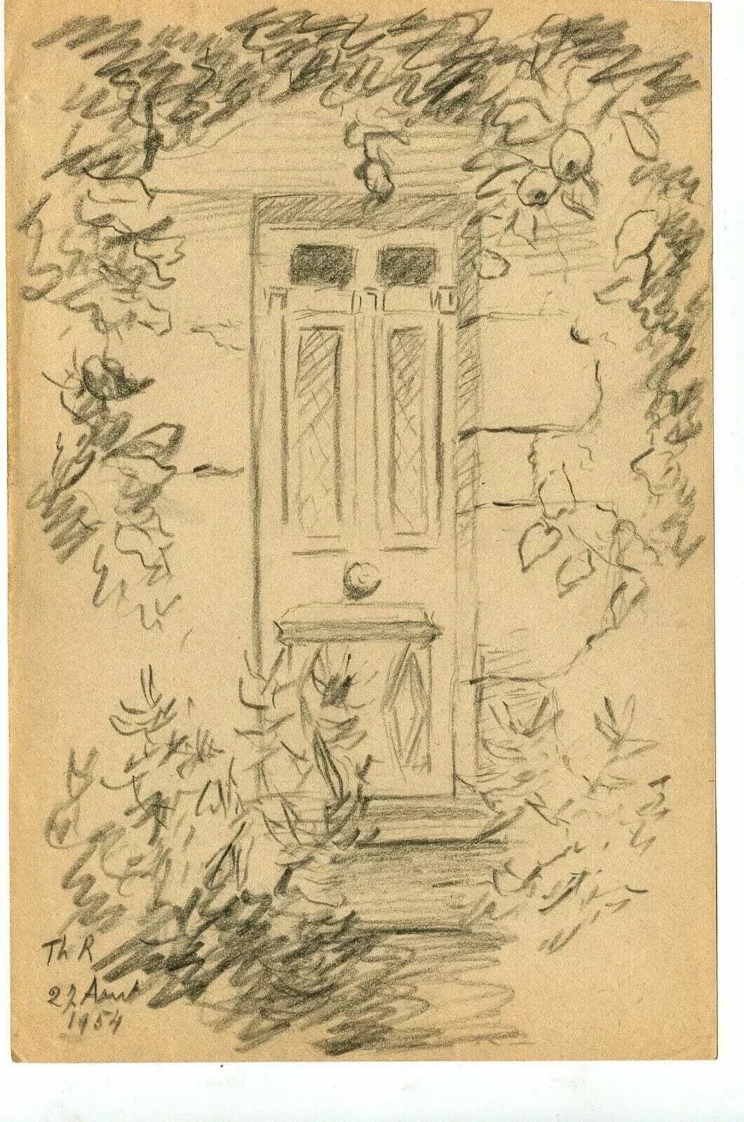 Vintage Pencil Drawing signed Door, House, Landscape, Architecture Architectural image 5