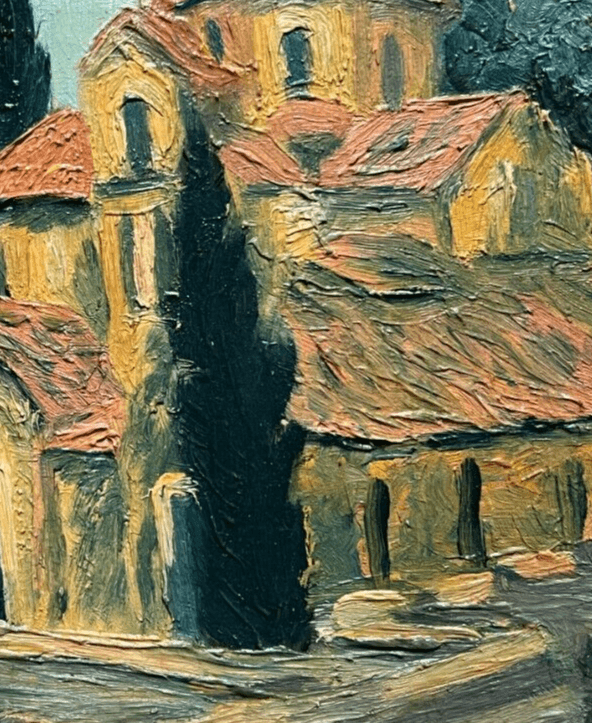 Antique Painting Original Landscape, Church, Byzantine Orthodox Architecture image 6
