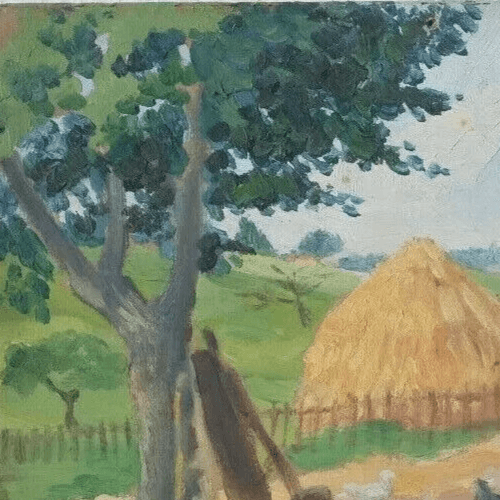 Antique Oil Original Painting Landscape Farm, Chicken Coop, Hay image 4