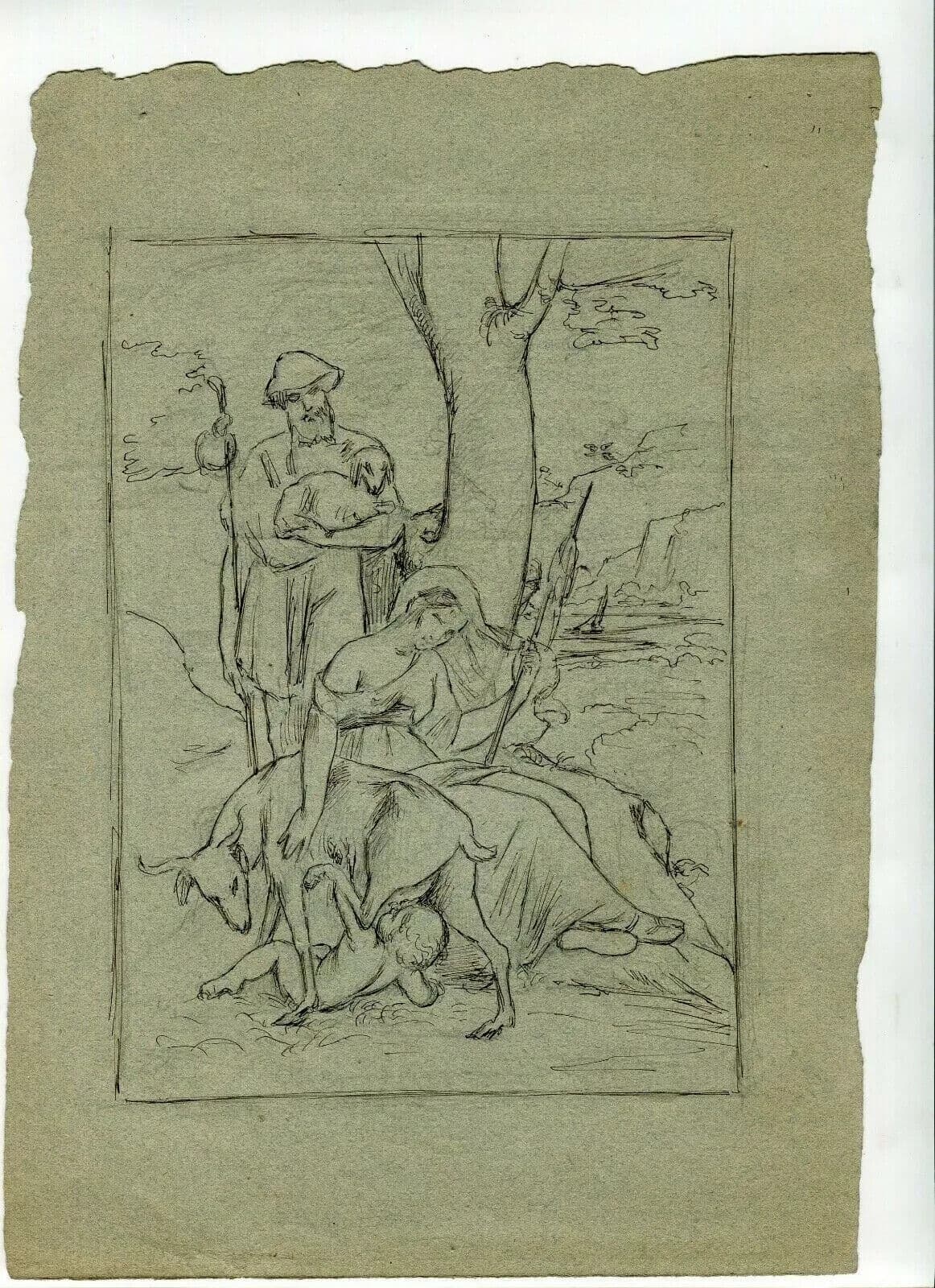 Antique Ink Original Drawing 19th century Religious Scene Figures, Goat and Kid image 6