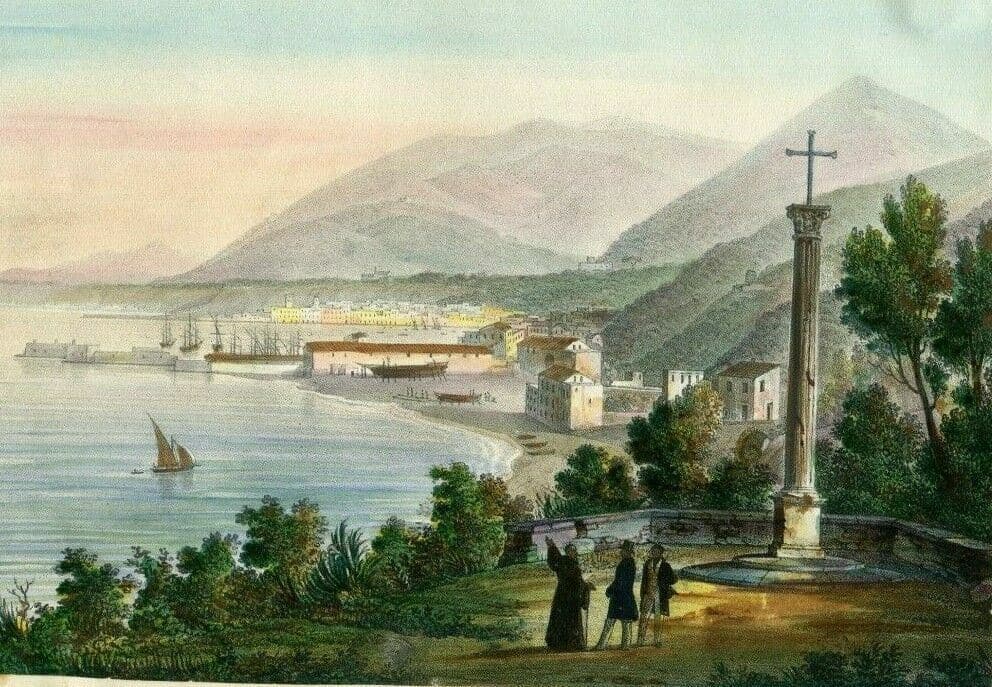 Antique Print 19th century Bay View Landscape, People, Cityview image 1