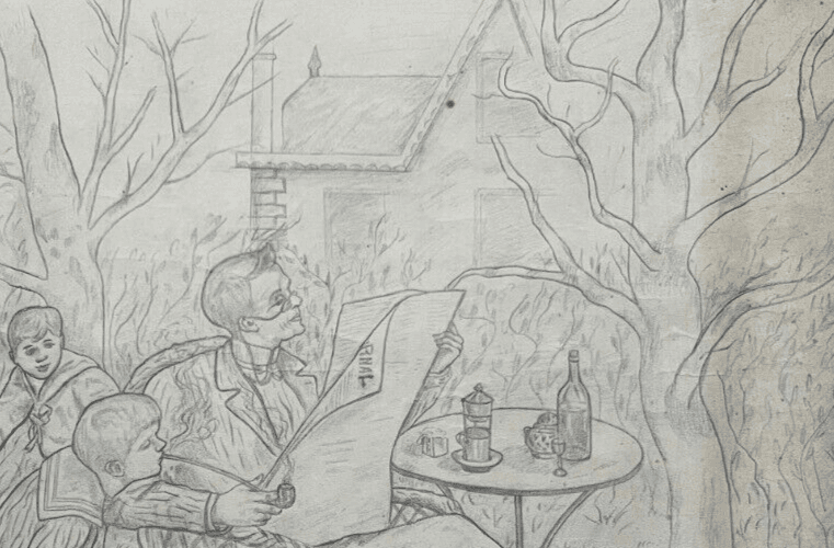 Antique Original Drawing People, Children, Dogs, Life Scene image 5